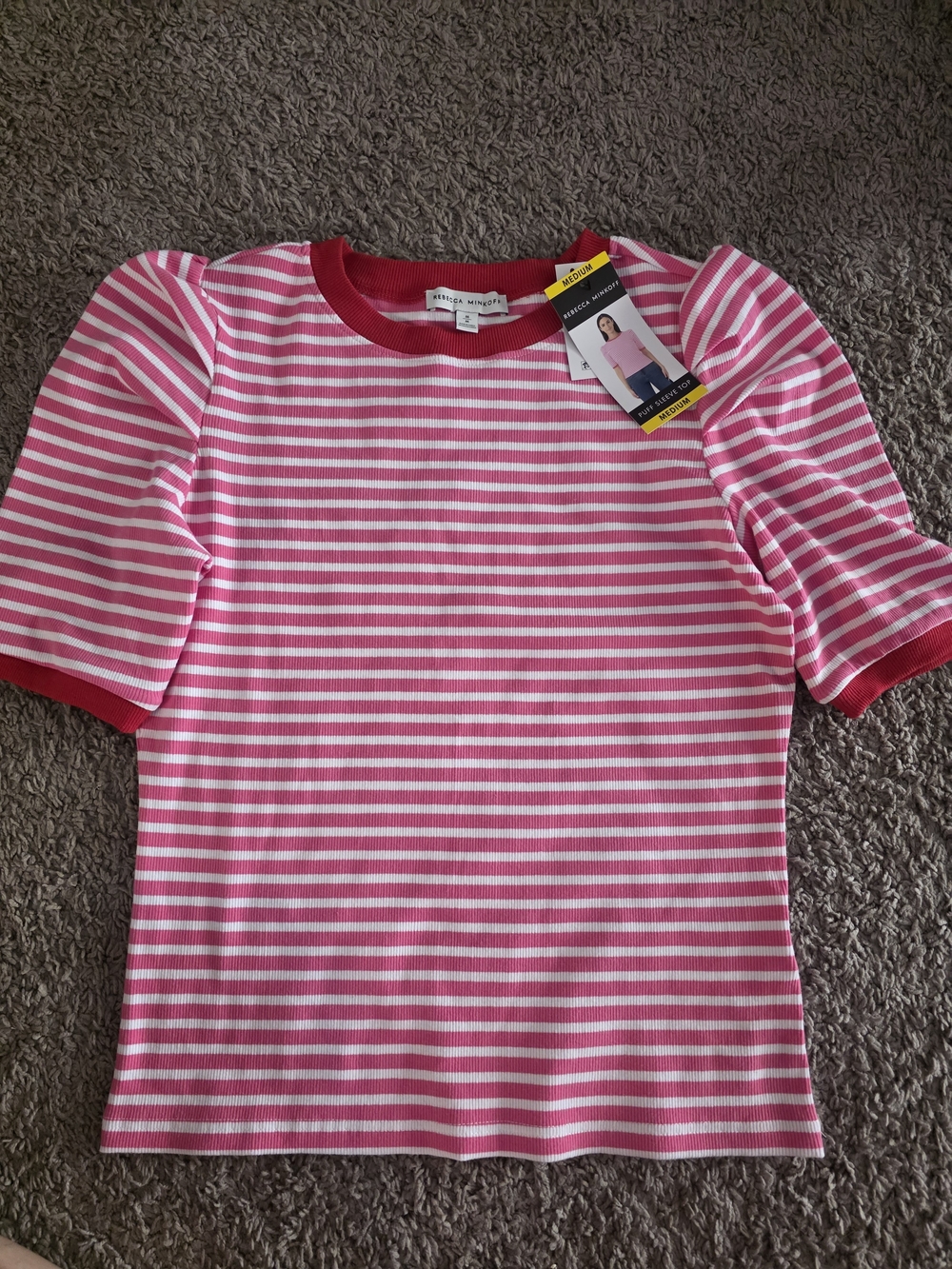 Rebecca Minkoff Pink and White Striped Puff Sleeve Tee